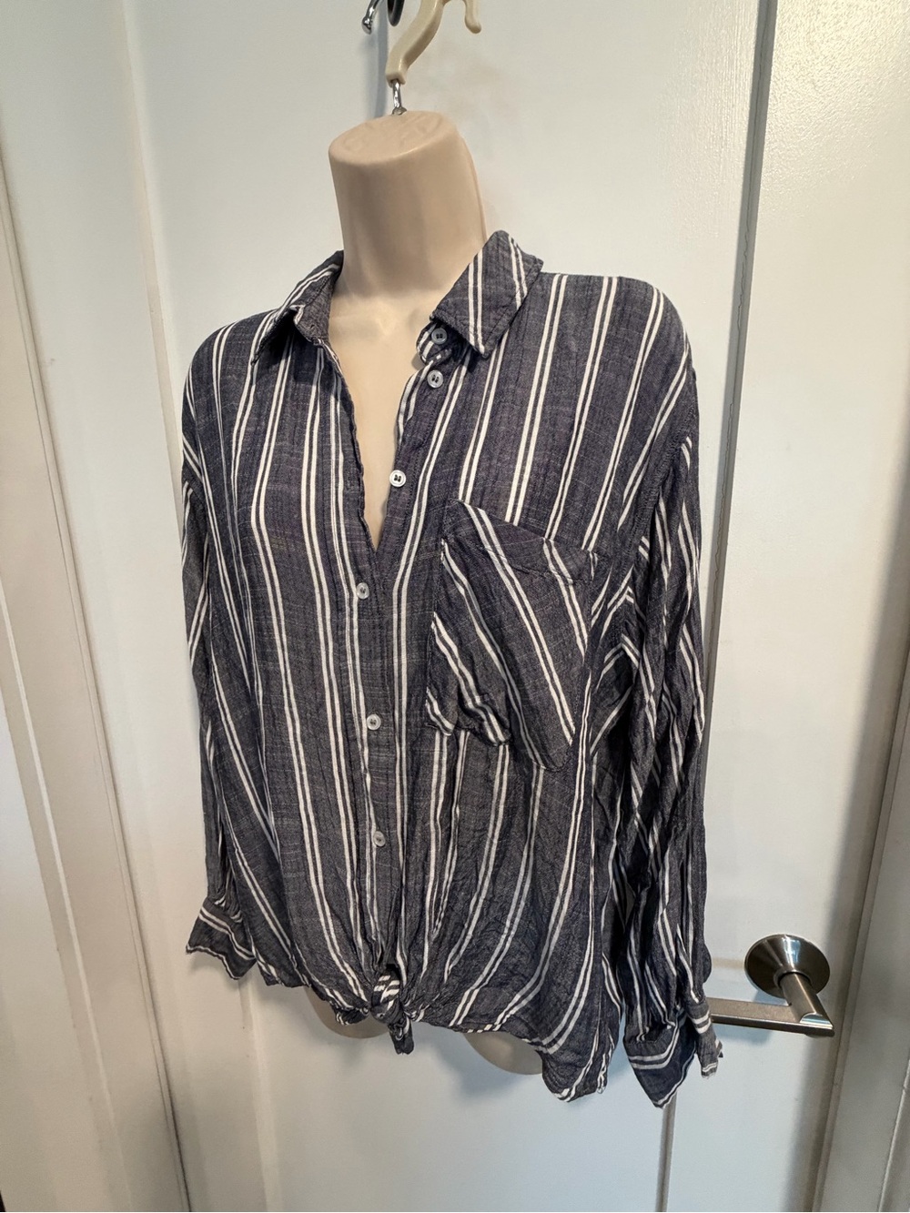 Francesca's Small Striped Button Down Blouse in Blue & White Striped very blouse